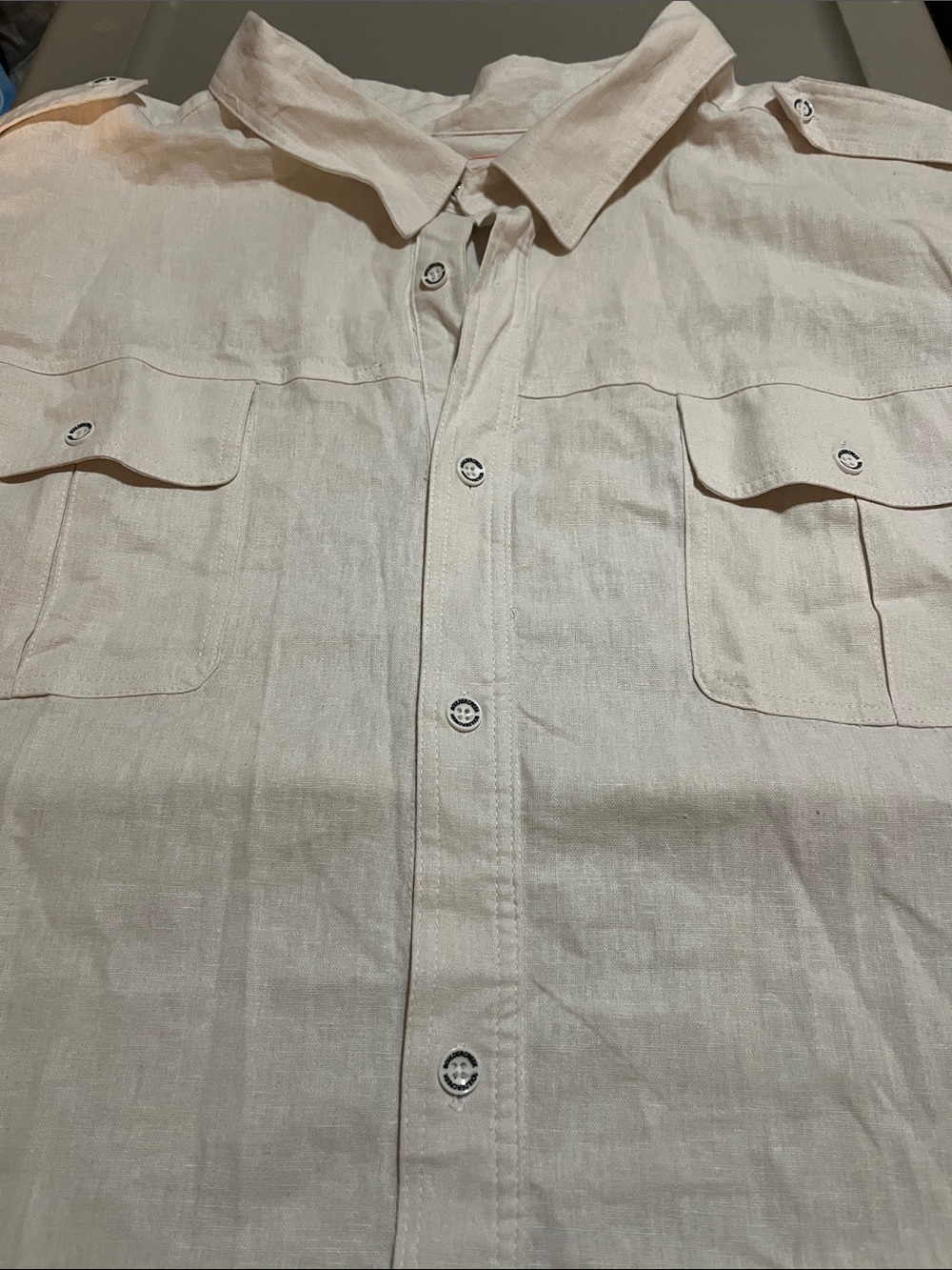 Men's Casual Button-Down Utility Shirt - Cream Sz 6XL big 55% linen n 45% rayon